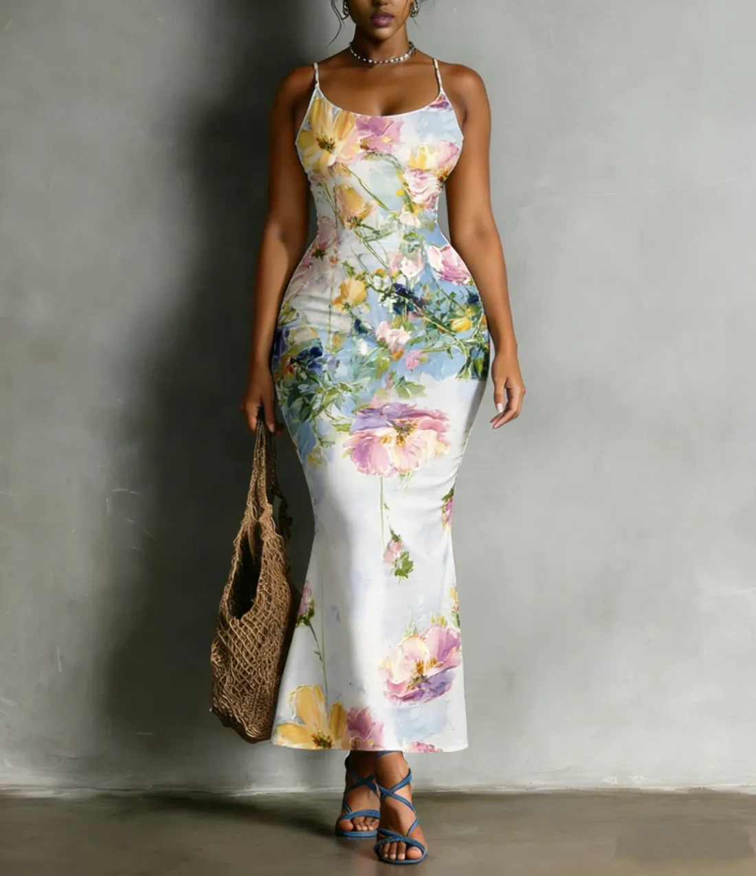 Watercolor Floral Spaghetti Strap Mermaid Dress UI985