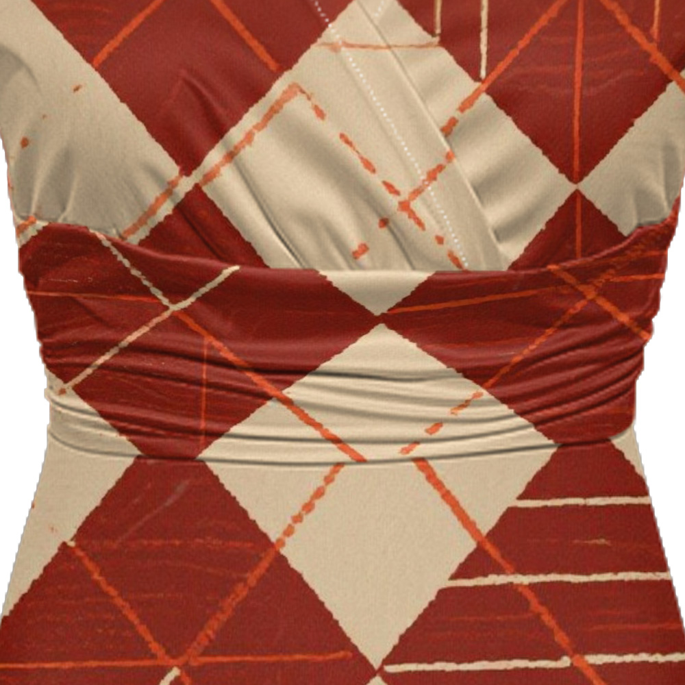 Rust & Beige Argyle Cap Sleeve V-Neck Midi Dress XWU825