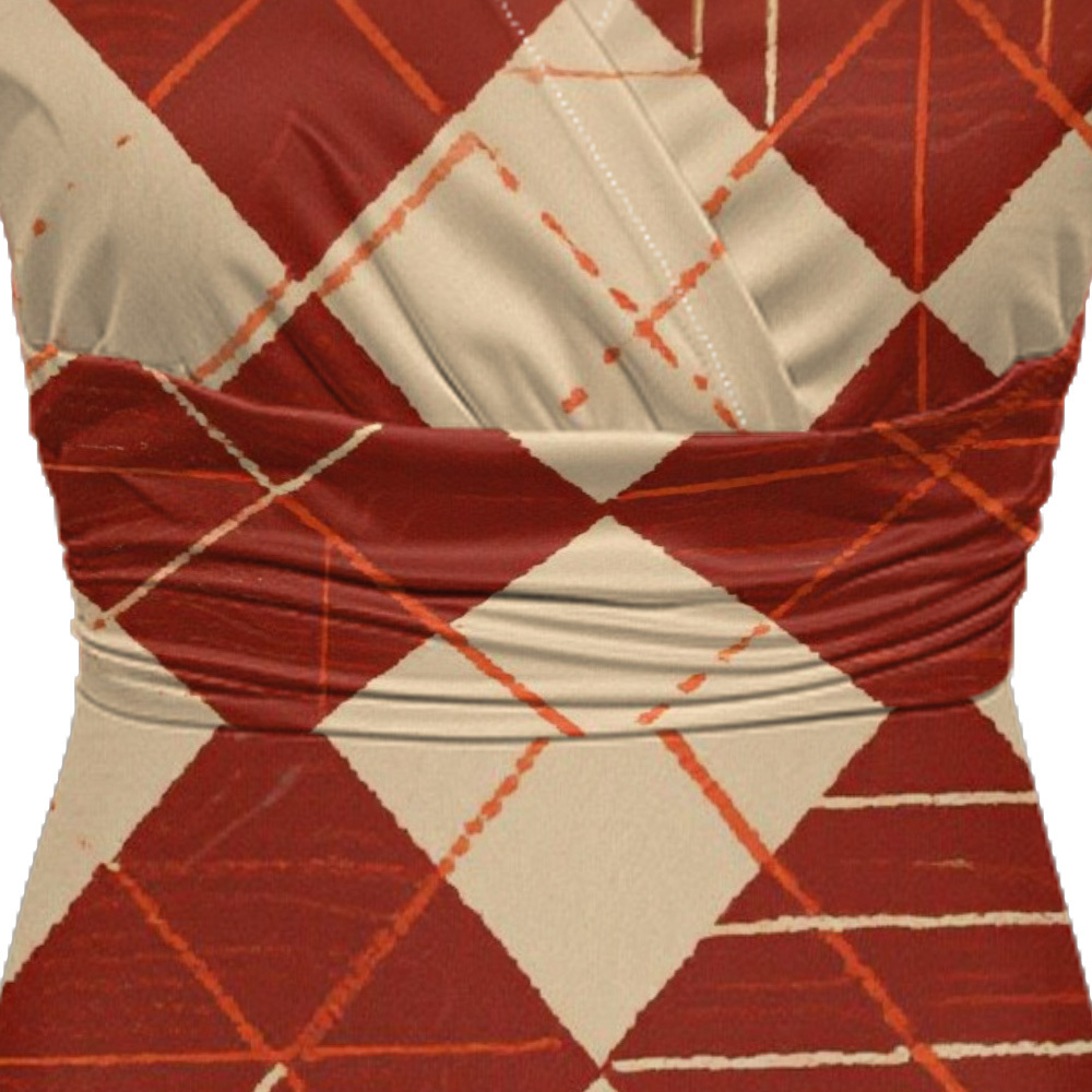 Rust & Beige Argyle Cap Sleeve V-Neck Midi Dress XWU825