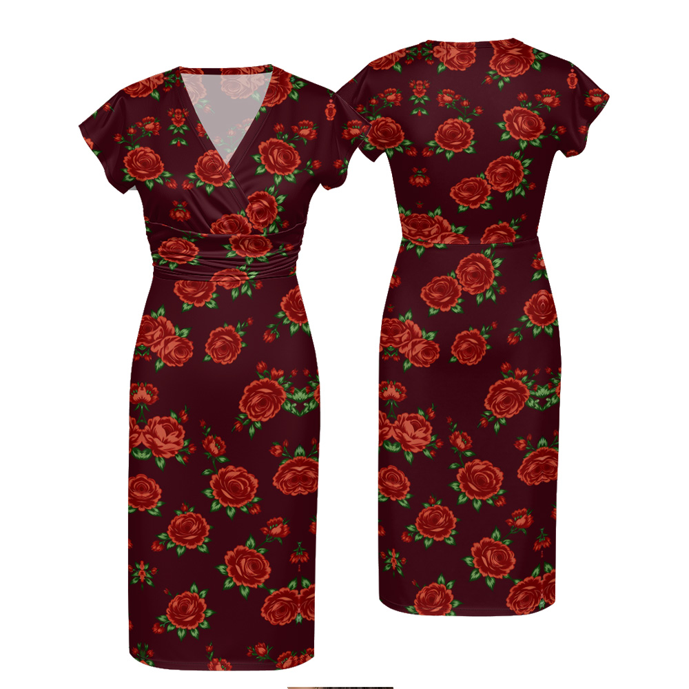 Burgundy Red Rose Cap Sleeve V-Neck Midi Dress AFH531