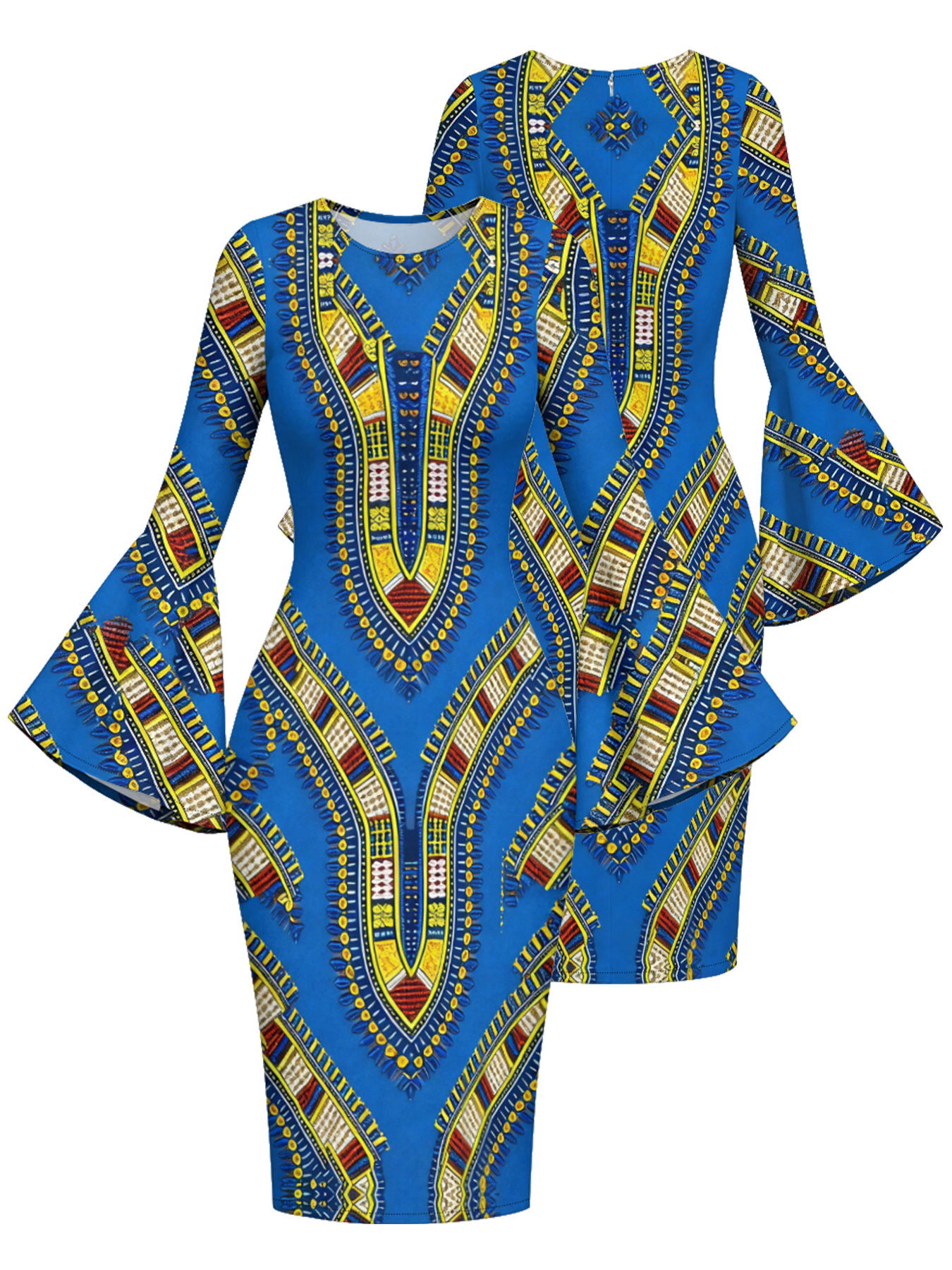 Blue Dashiki Flare Sleeve Bodycon Midi Dress IOJ85689