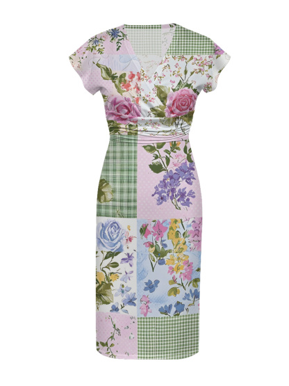 Pastel Floral & Gingham Patchwork Cap Sleeve V-Neck Midi Dress IUO0112