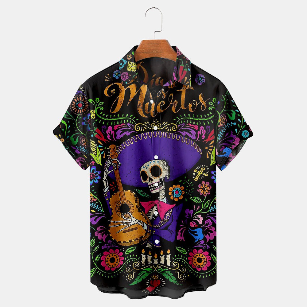 Men Halloween Skull Shirts Short Sleeve Pocket Loose Fitting Shirts QL64661