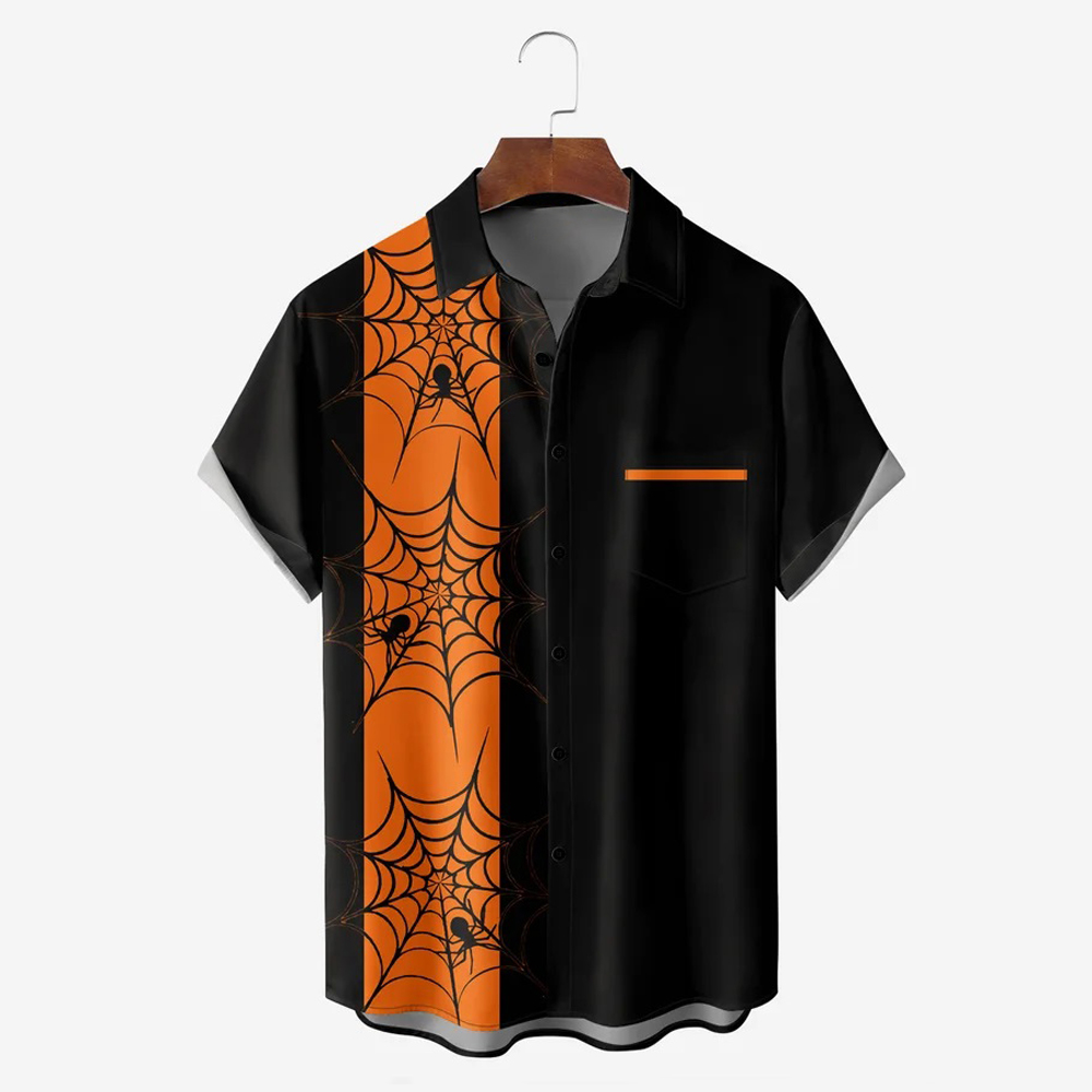 Men Halloween Spider Web Shirts Short Sleeve Pocket Loose Fitting Shirts QL65653