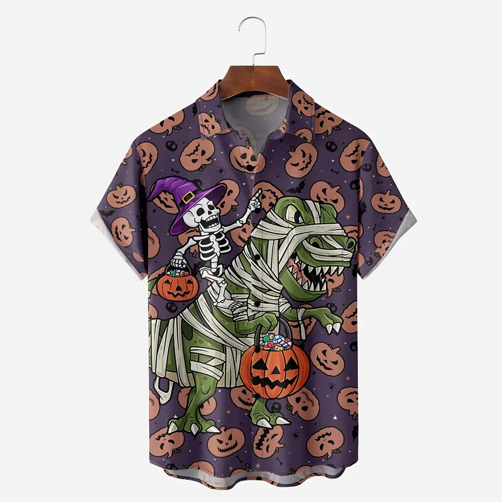 Men Halloween Skull Shirts Short Sleeve Pocket Loose Fitting Shirts QL