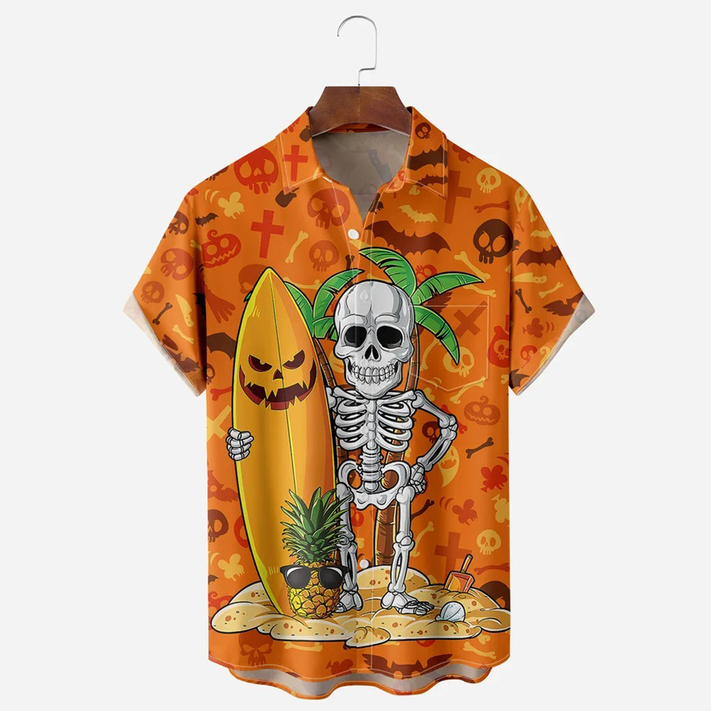 Men Halloween Skull Shirts Short Sleeve Pocket Loose Fitting Shirts QL61222