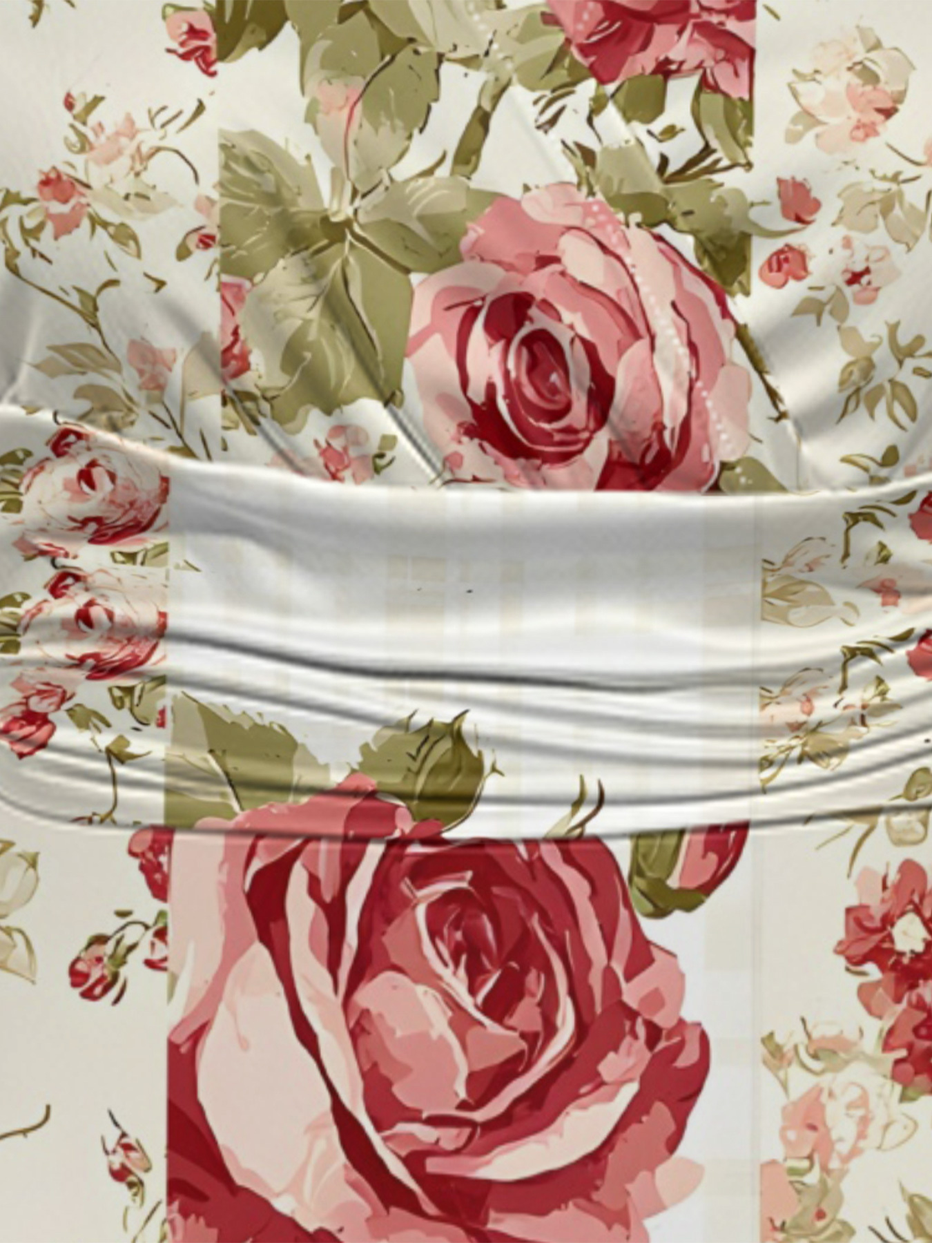 Vintage Rose Patchwork Cap Sleeve V-Neck Midi Dress IUO6821