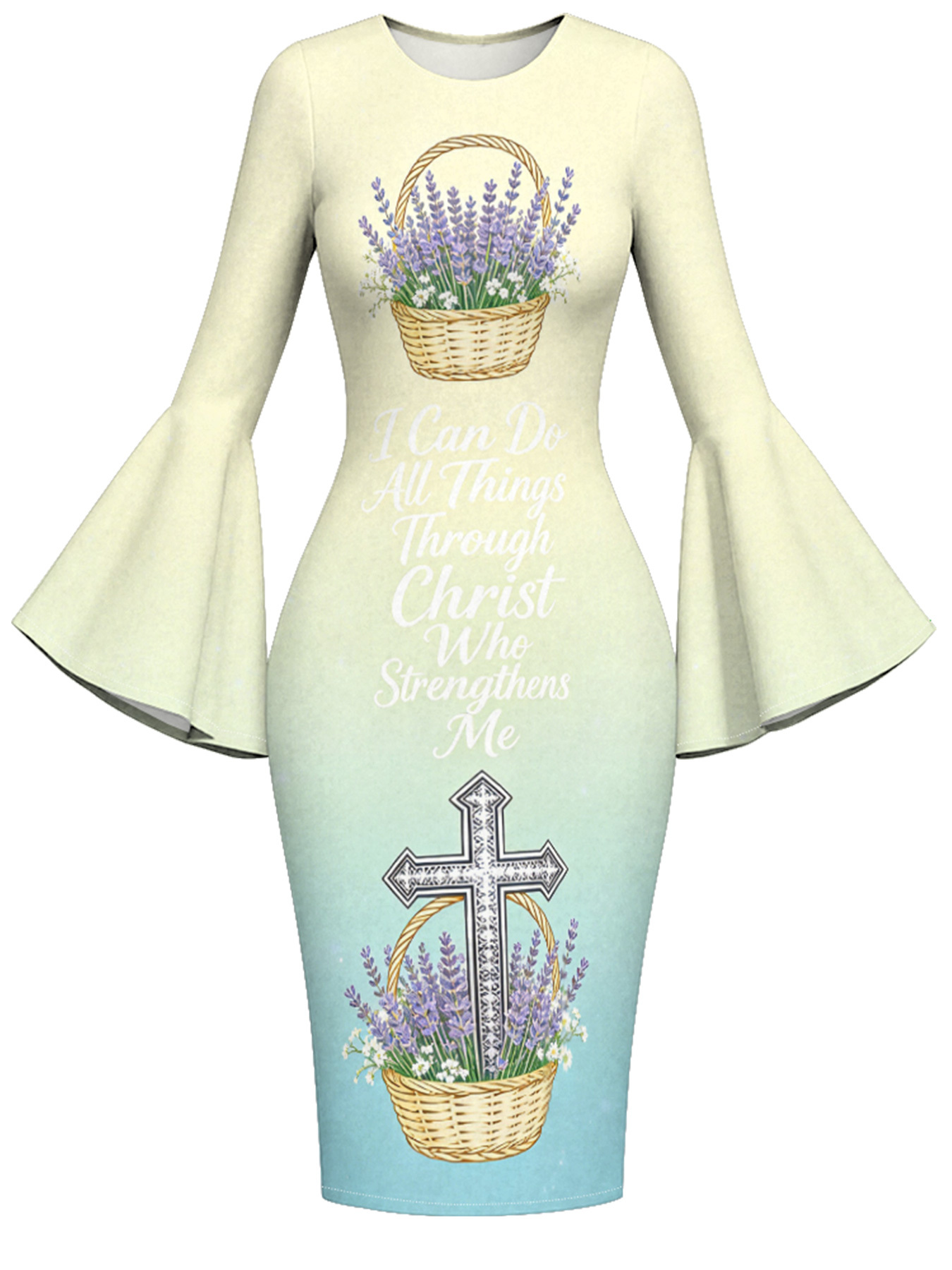 Mint Ombre Lavender Cross Easter Flare Sleeve Bodycon Midi Dress