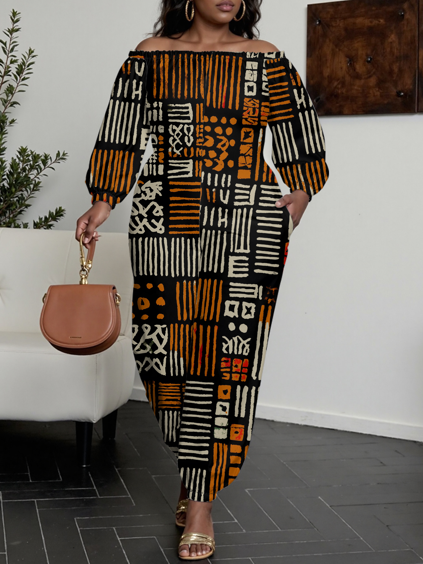 African Mudcloth Print Off-Shoulder Jumpsuit