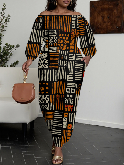 African Mudcloth Print Off-Shoulder Jumpsuit