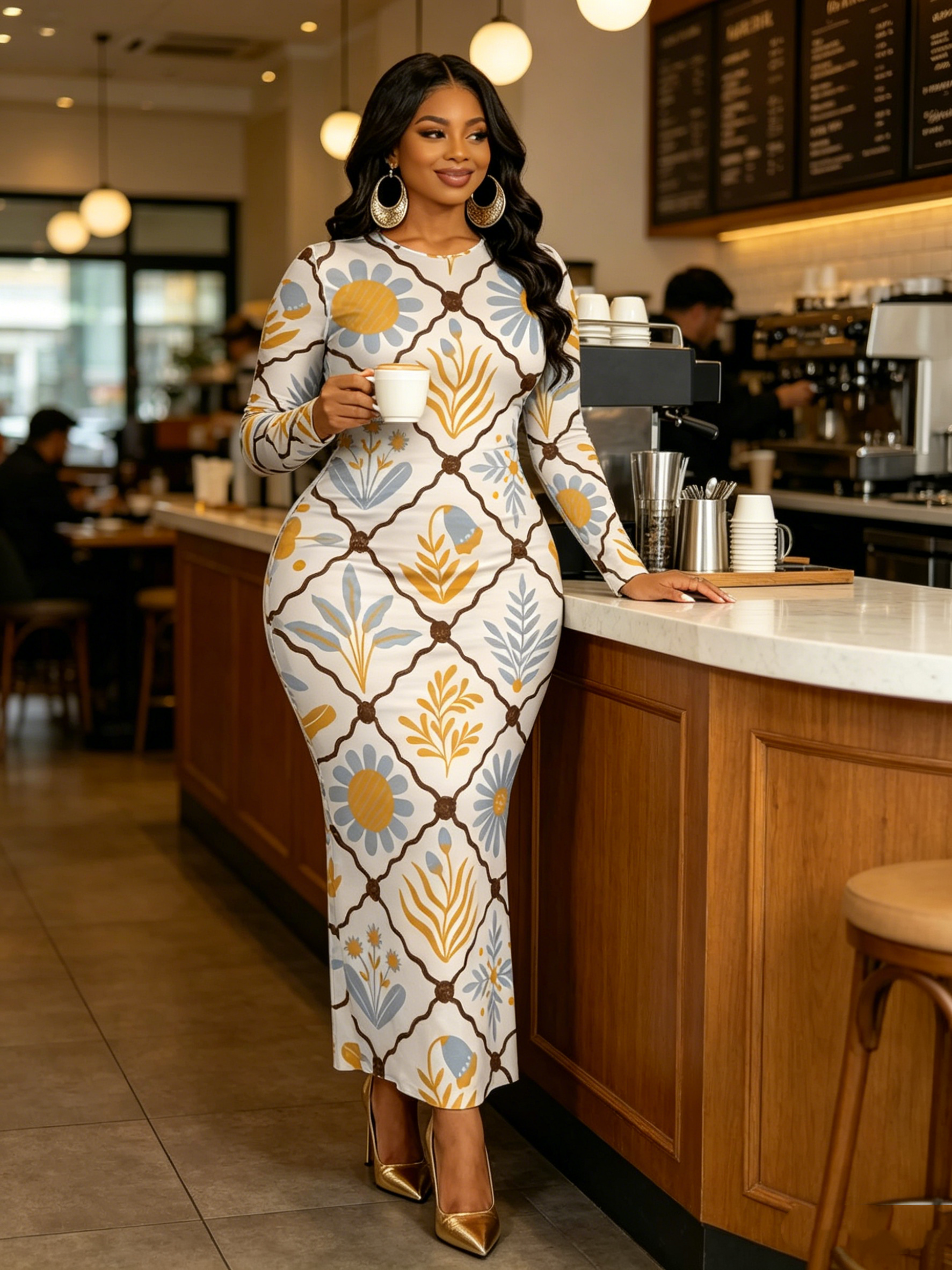 Botanical Tile Round Sleeve Neck Long Bodycon Dress