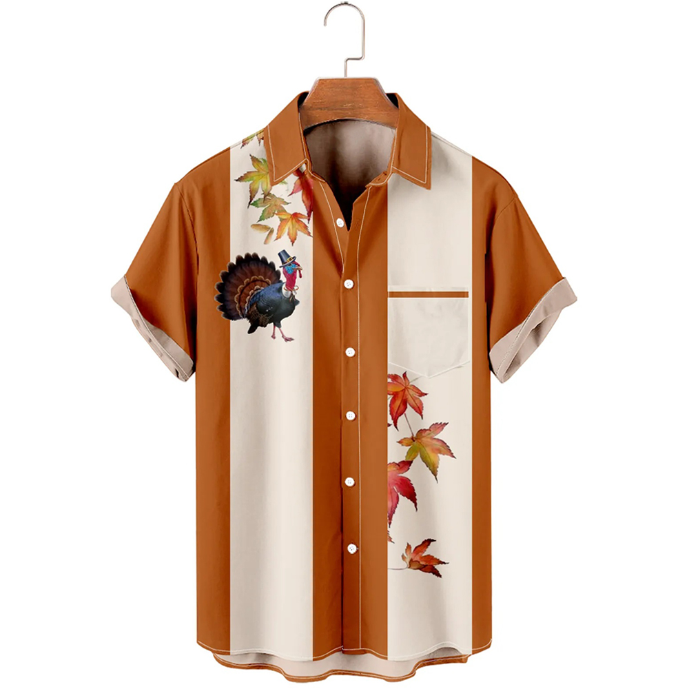 Men Thanksgiving Turkey Shirts Short Sleeve Pocket Casual Shirts