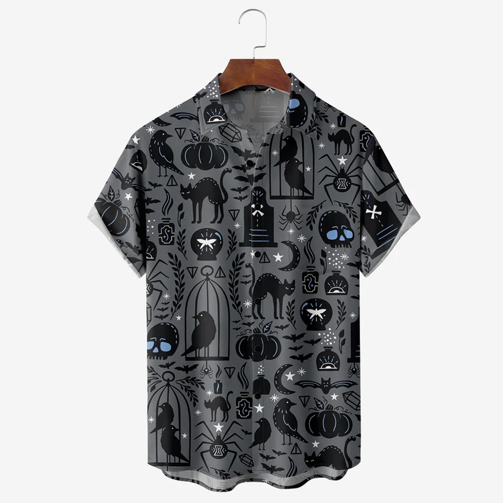 Men Halloween Cats Shirts Short Sleeve Pocket Loose Fitting Shirts QL62717