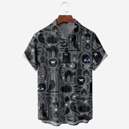 Men Halloween Cats Shirts Short Sleeve Pocket Loose Fitting Shirts QL6