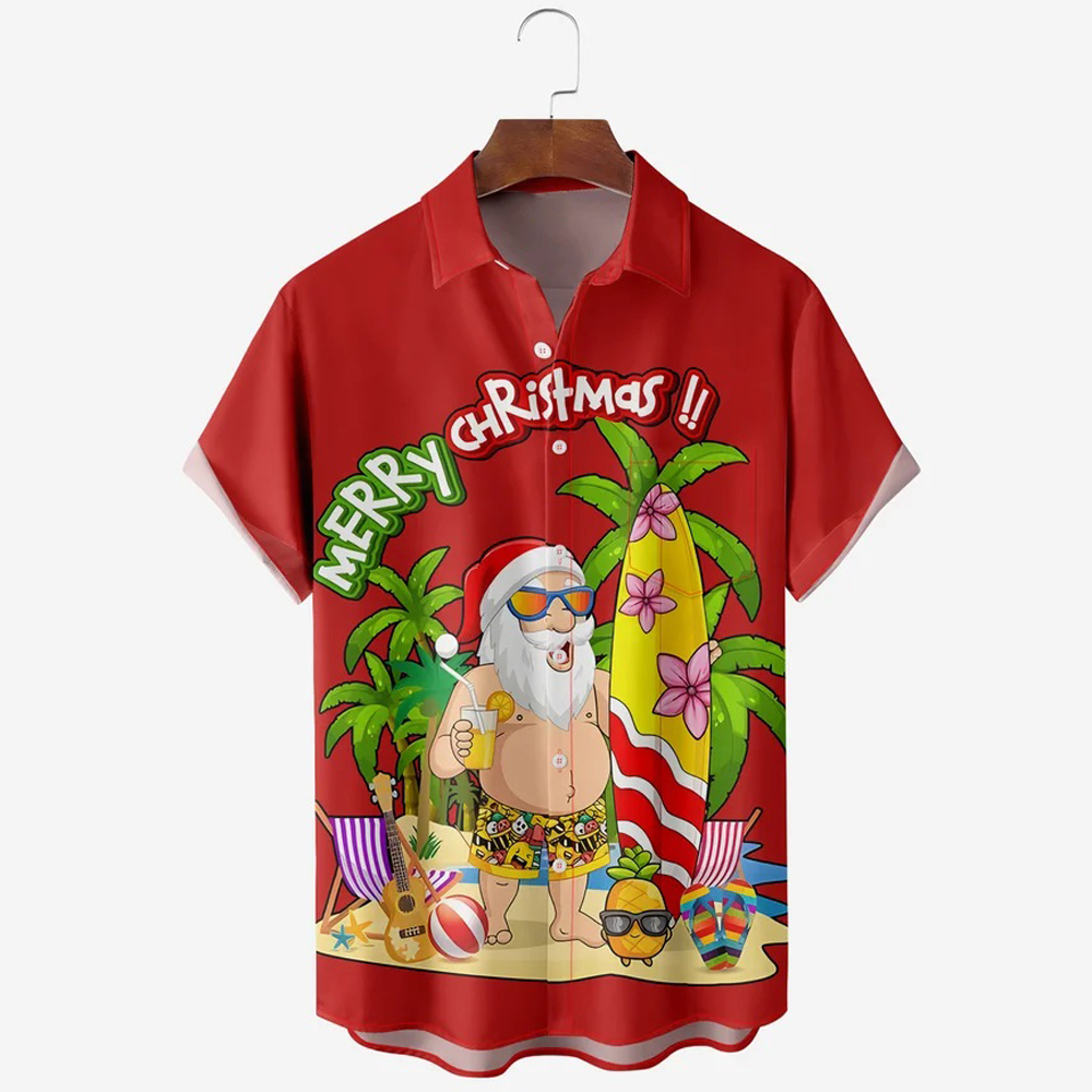 Men Christmas Day Santa Claus Shirts Short Sleeve Pocket Loose Fitting Shirts QL67731