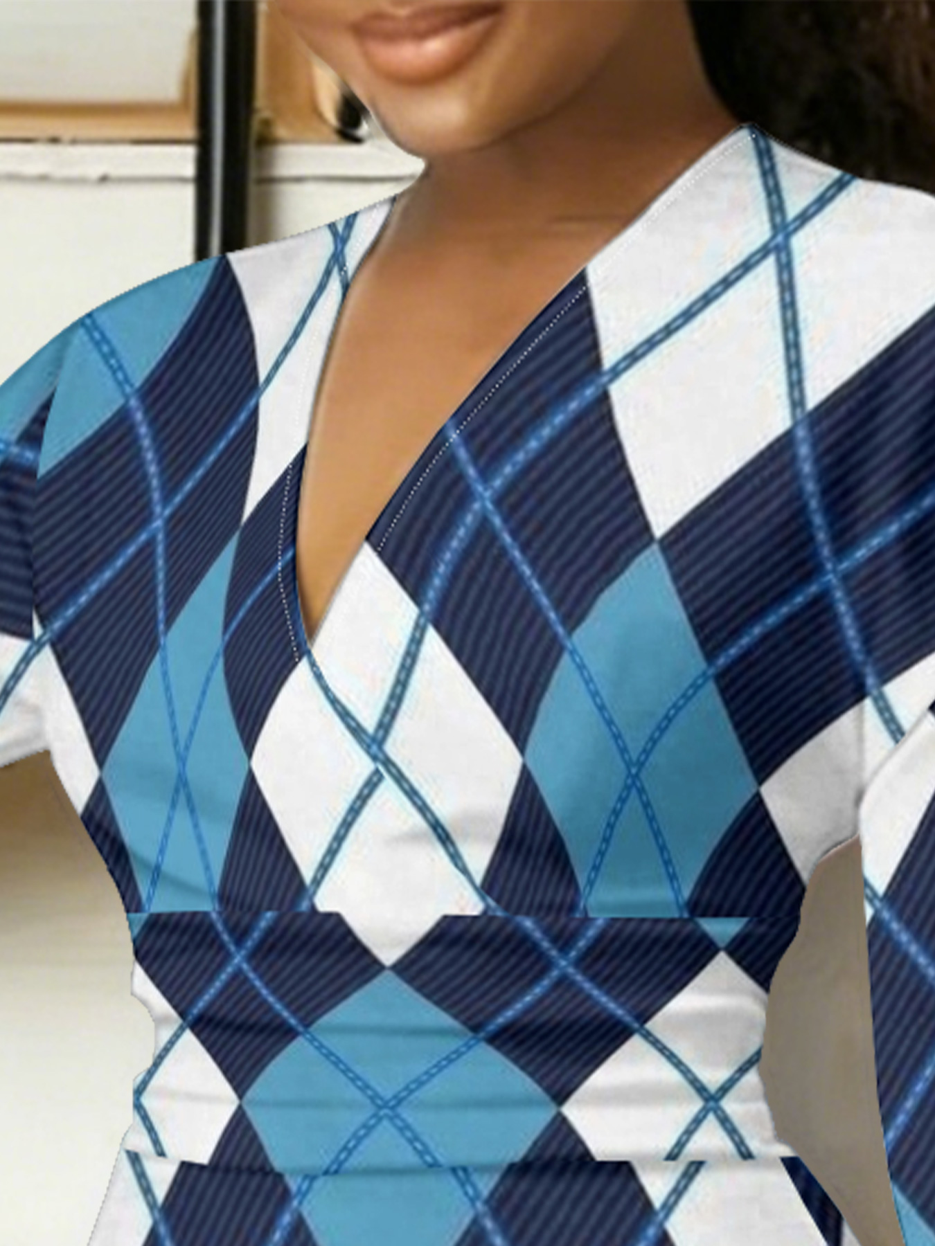 Blue Argyle V-Neck Bodycon Midi Dress