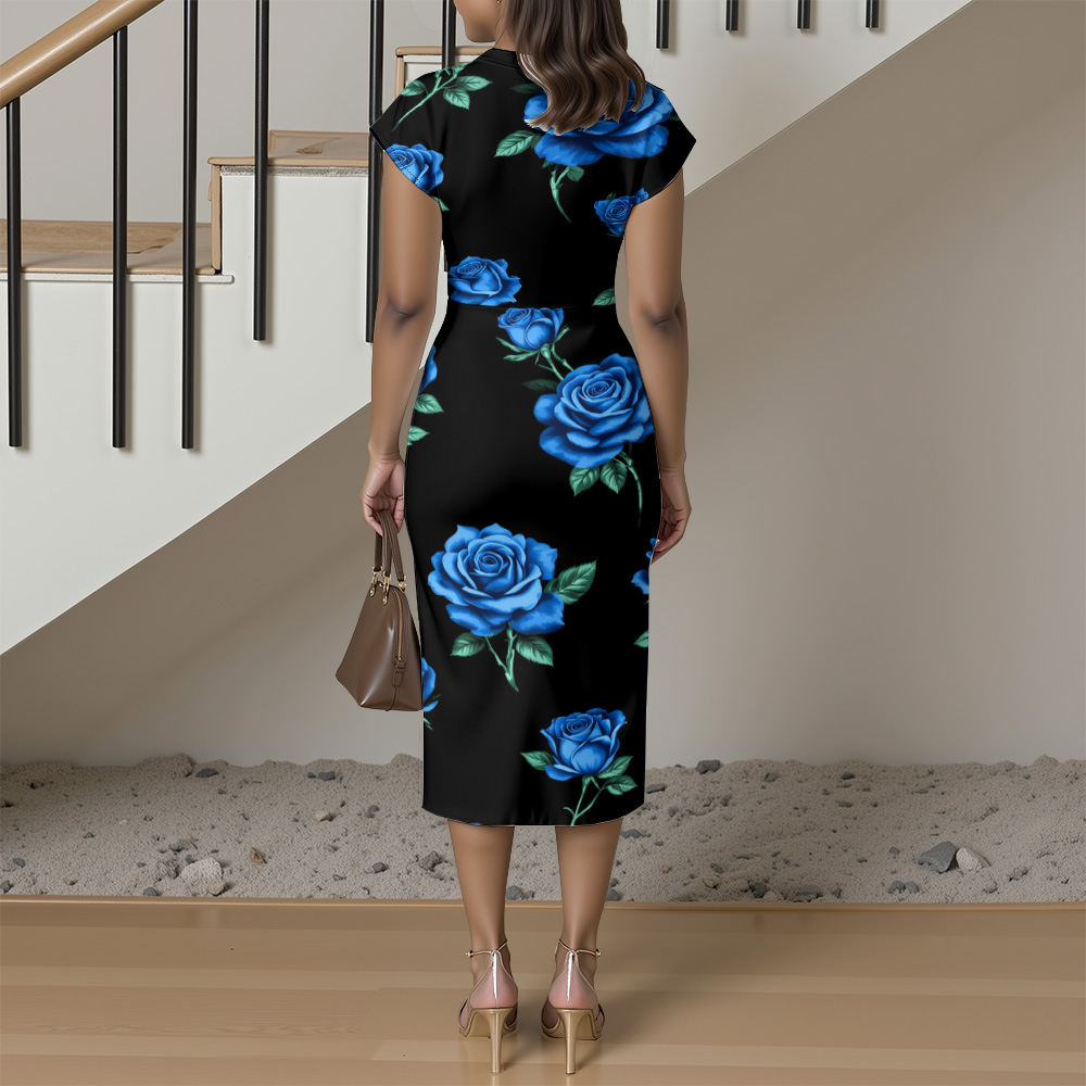 Black Blue Rose Cap Sleeve V-Neck Midi Dress