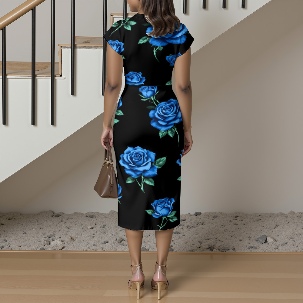 Black Blue Rose Cap Sleeve V-Neck Midi Dress
