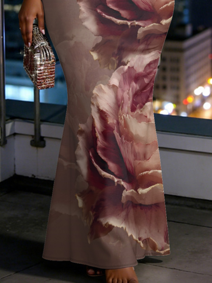 Dusty Rose Large Floral Spaghetti Strap Mermaid Dress TNJ146