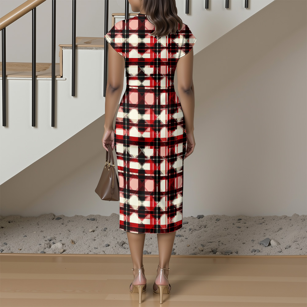 Red & Black Plaid Cap Sleeve V-Neck Midi Dress ZYR906