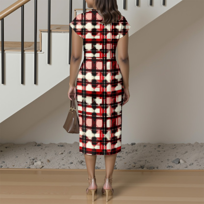 Red & Black Plaid Cap Sleeve V-Neck Midi Dress ZYR906