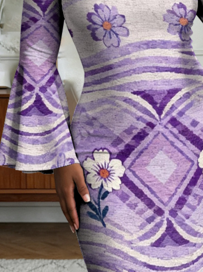 Purple Geometric Floral Flare Sleeve Bodycon Midi Dress DCB840