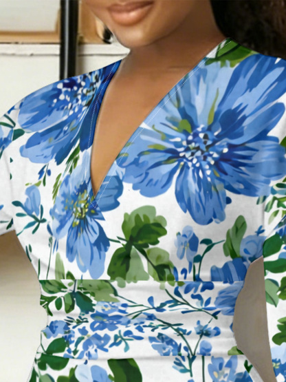 Blue Watercolor Floral V-Neck Bodycon Midi Dress RVJ3927