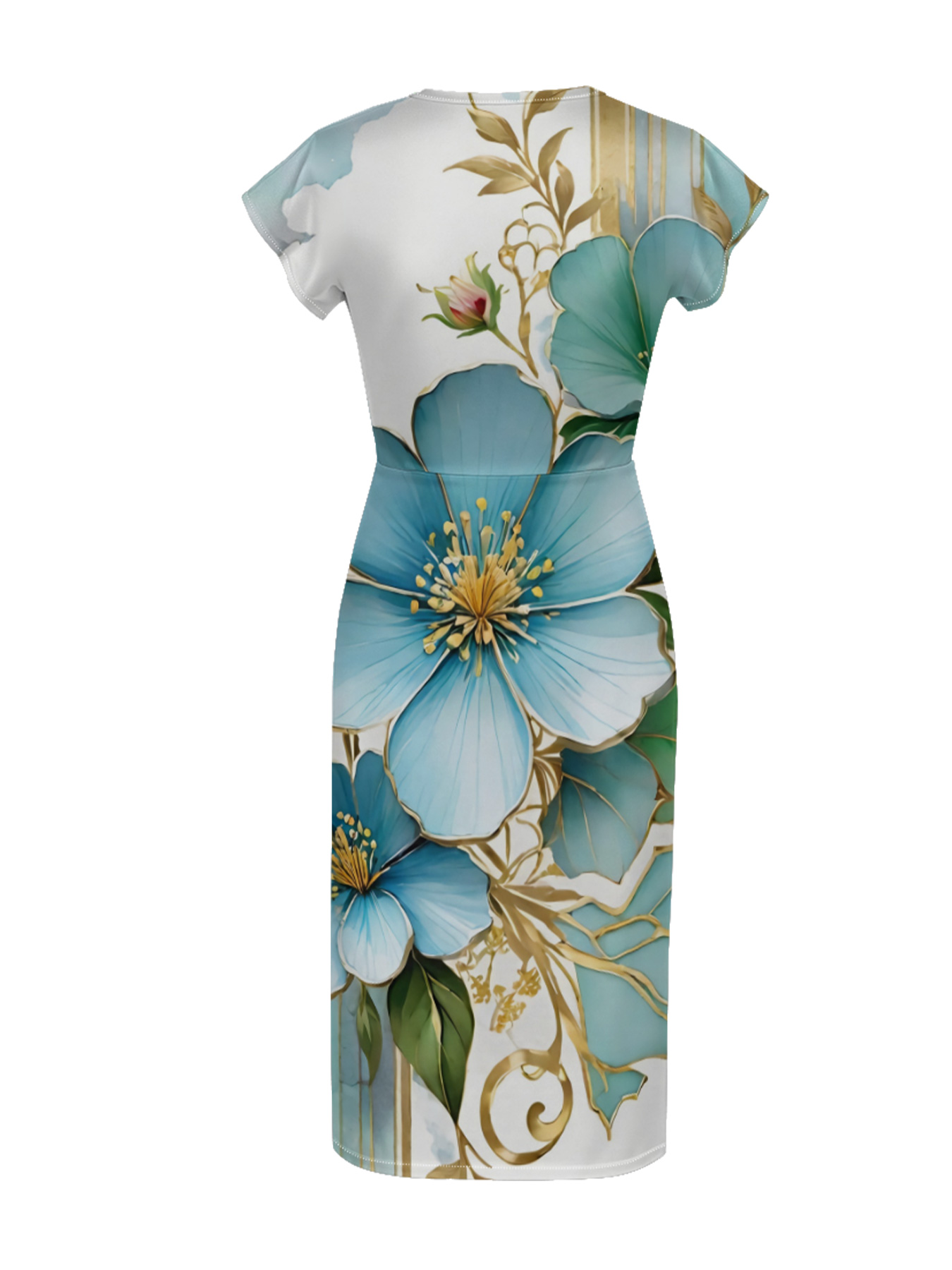 Teal Floral Gold Foil Cap Sleeve V-Neck Midi Dress