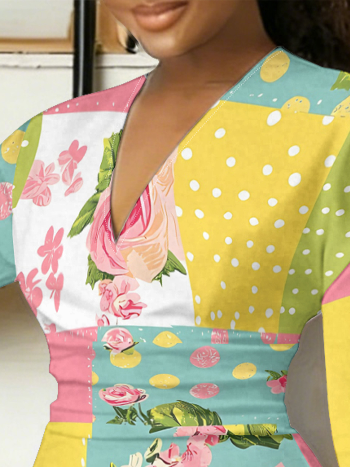 Pastel Patchwork Rose V-Neck Bodycon Midi Dress