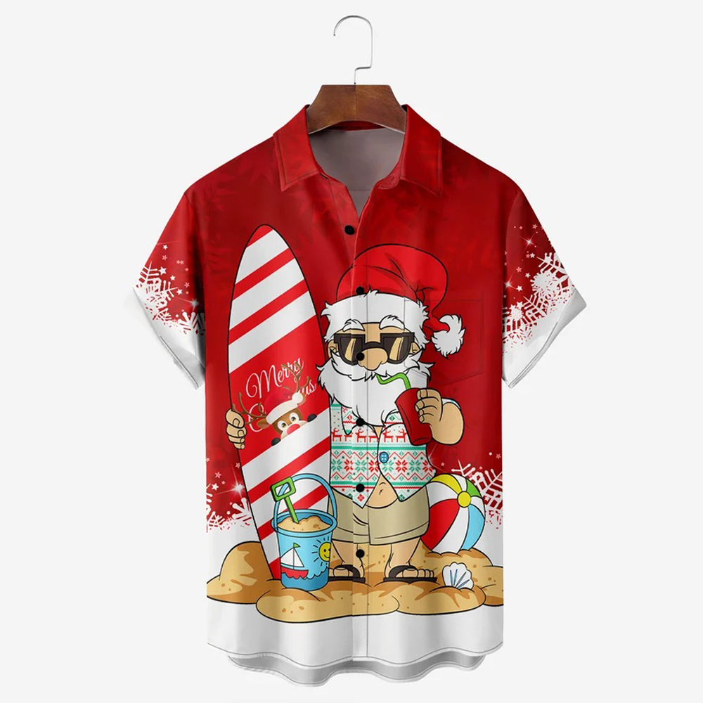 Men Christmas Day Beach Santa Shirts Short Sleeve Pocket Loose Fitting Shirts QL62823