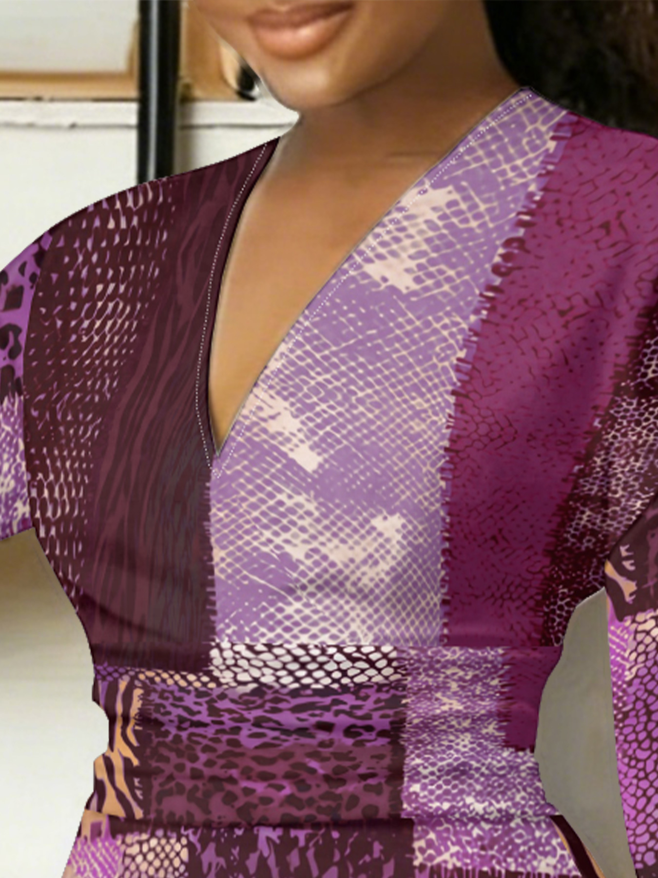 Purple Patchwork Animal V-Neck Bodycon Midi Dress CLX7394