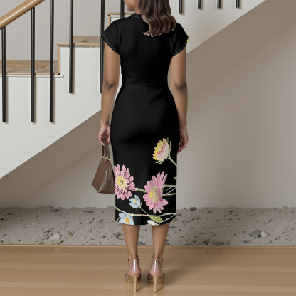 Black Floral Cap Sleeve V-Neck Midi Dress DHLN935