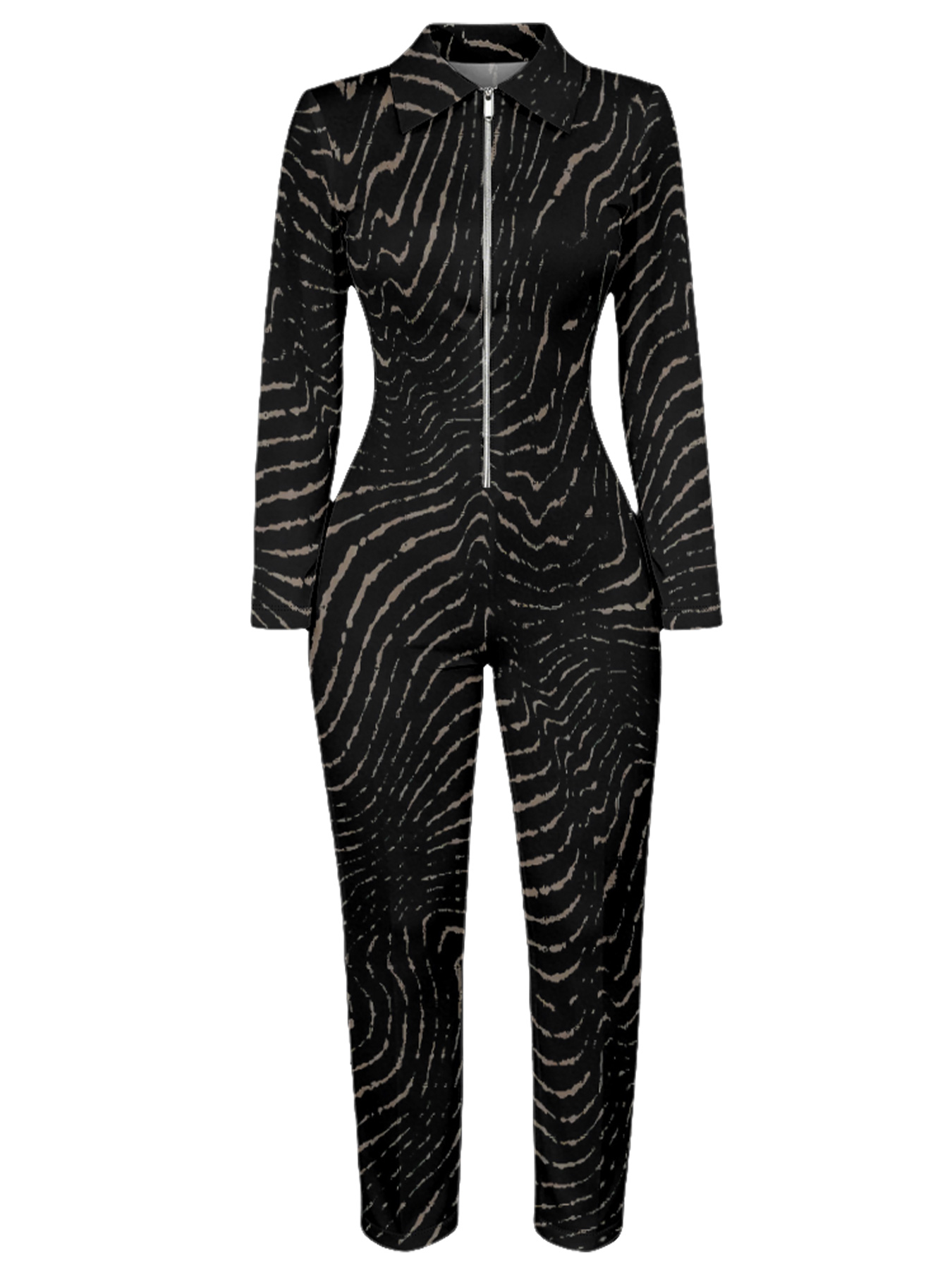 Zebra Stripe Long Sleeve Zip-Up Jumpsuit