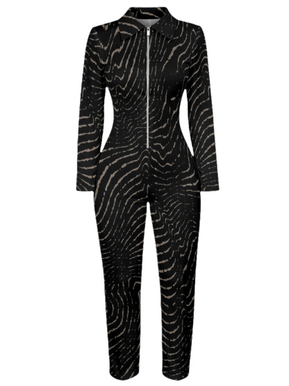 Zebra Stripe Long Sleeve Zip-Up Jumpsuit