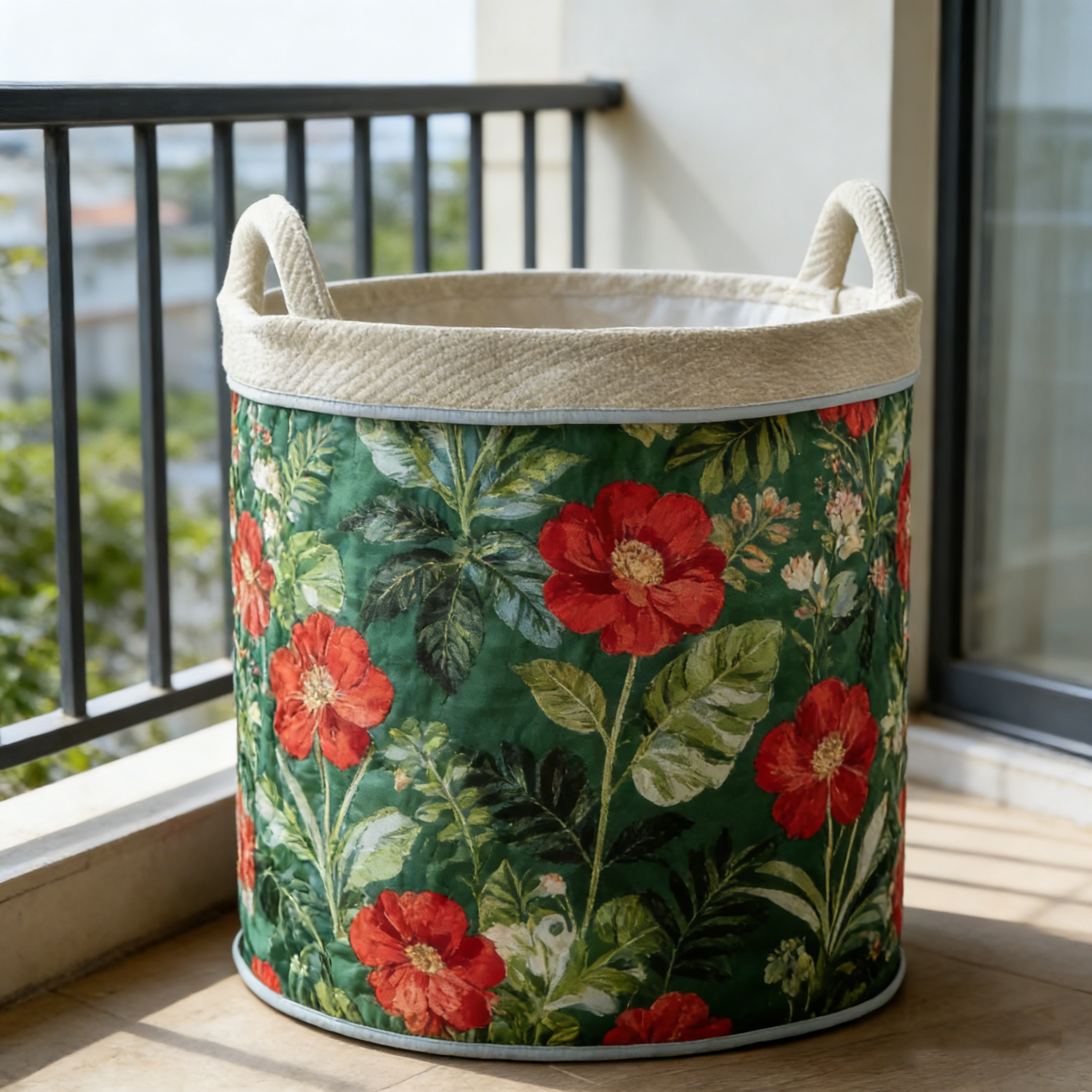 Lush Red Floral & Green Leaf Quilted Laundry Basket RTGYHN34