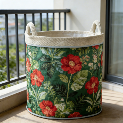 Lush Red Floral & Green Leaf Quilted Laundry Basket RTGYHN34