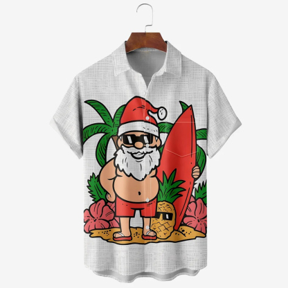 Men Christmas Day Santa Claus Shirts Short Sleeve Pocket Loose Fitting