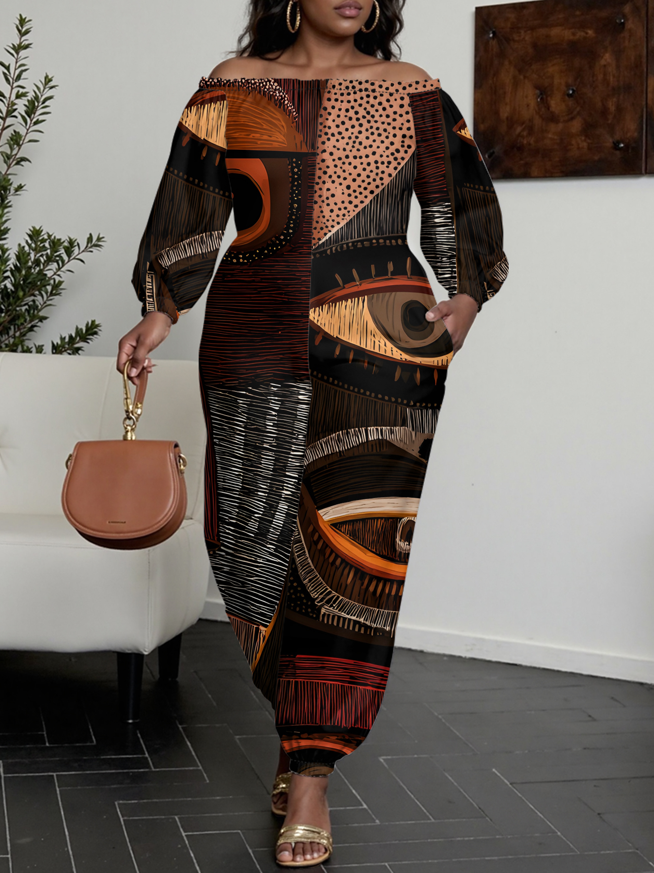 African Eye Art Off-Shoulder Jumpsuit