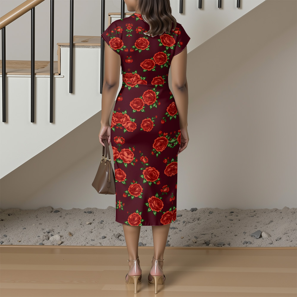 Burgundy Red Rose Cap Sleeve V-Neck Midi Dress AFH531