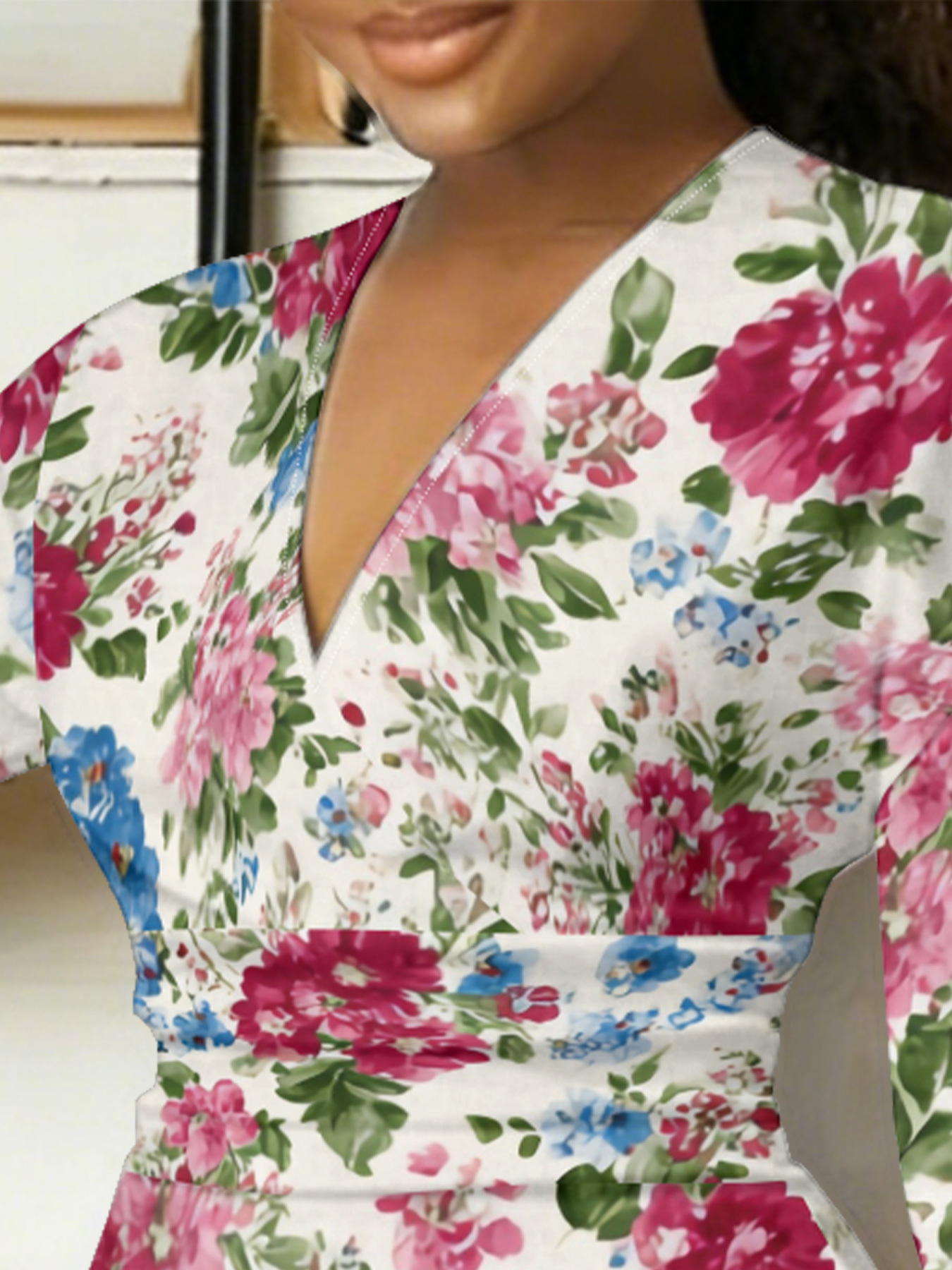 Vibrant Pink & Blue Floral V-Neck Bodycon Midi Dress EHS2468