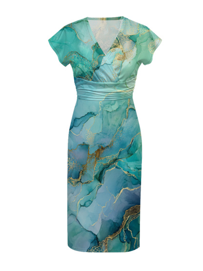 Teal & Gold Marble Cap Sleeve V-Neck Midi Dress OIJUY8624
