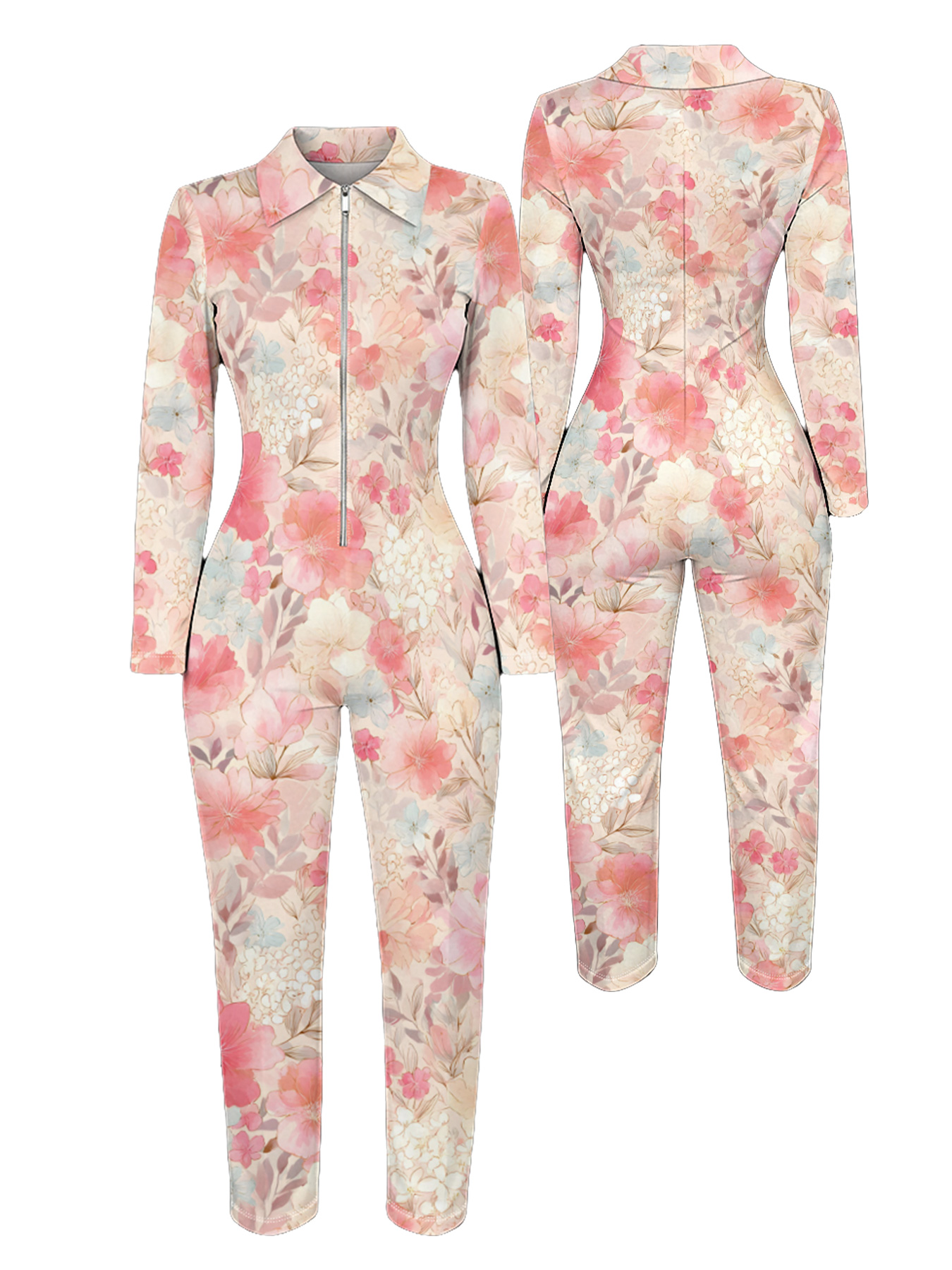 Blush Pink Floral Watercolor Long Sleeve Zip-Up Jumpsuit 