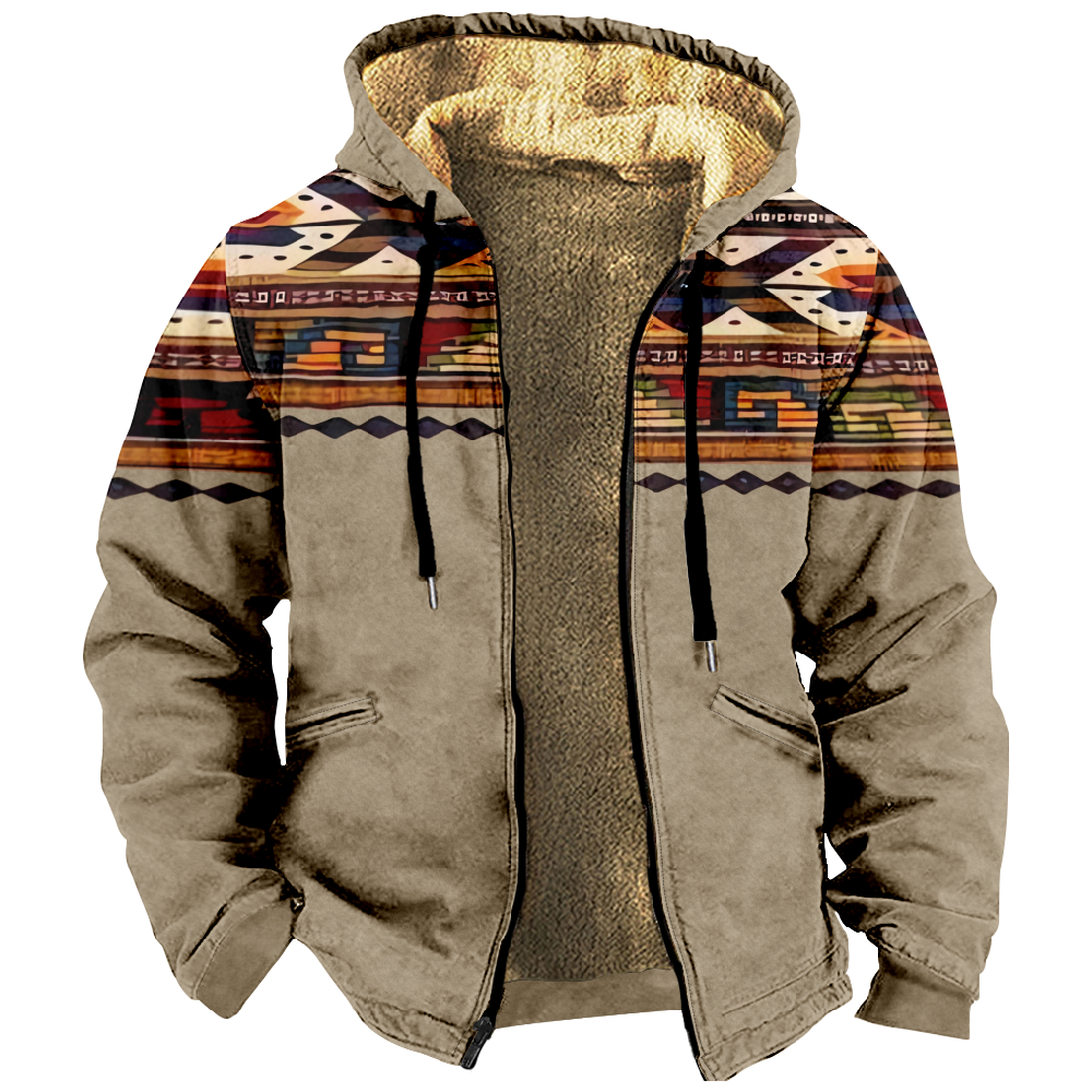 Men Retro Print Drawstring Hooded Zipper Cotton Jacket
