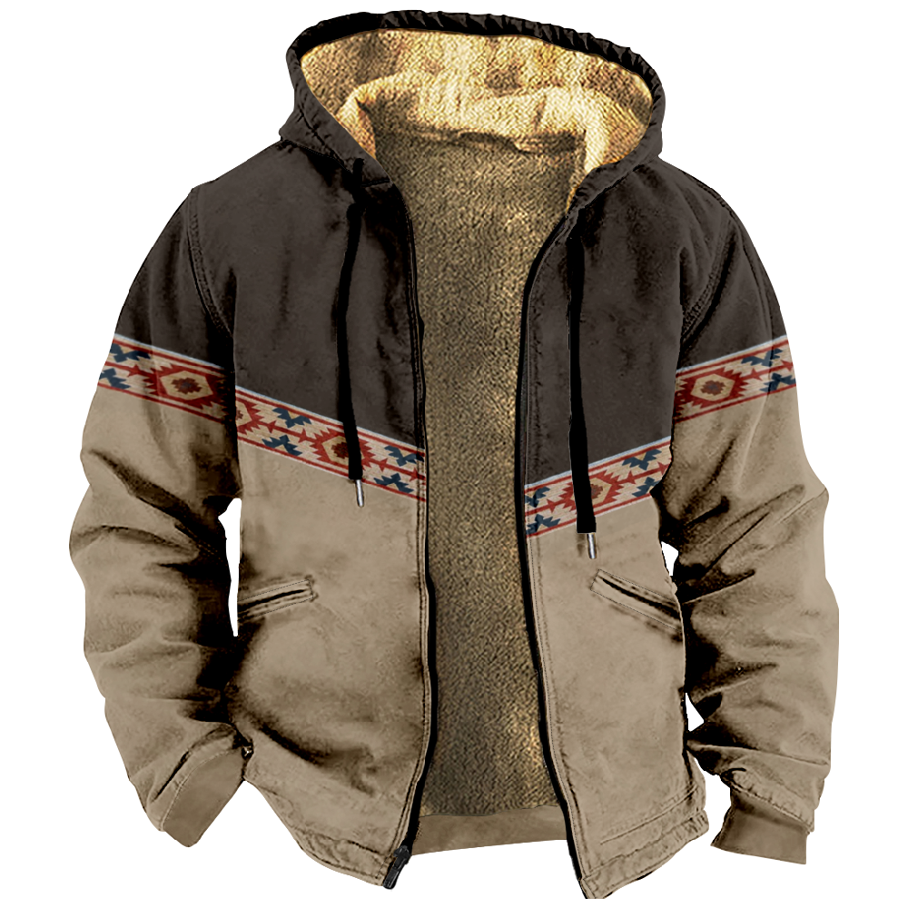 Men Retro Print Drawstring Hooded Zipper Cotton Jacket ZH36975A02