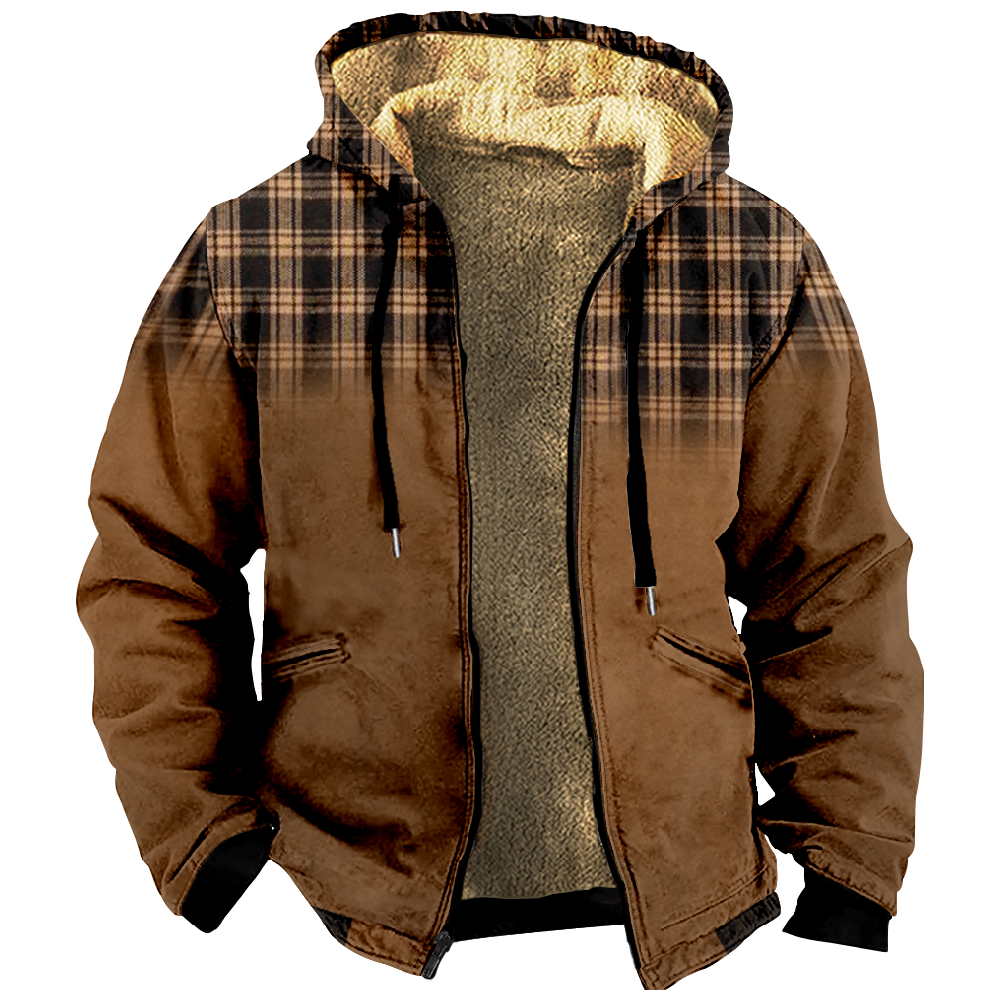 Men Retro Print Drawstring Hooded Zipper Cotton Jacket ZH36978A02