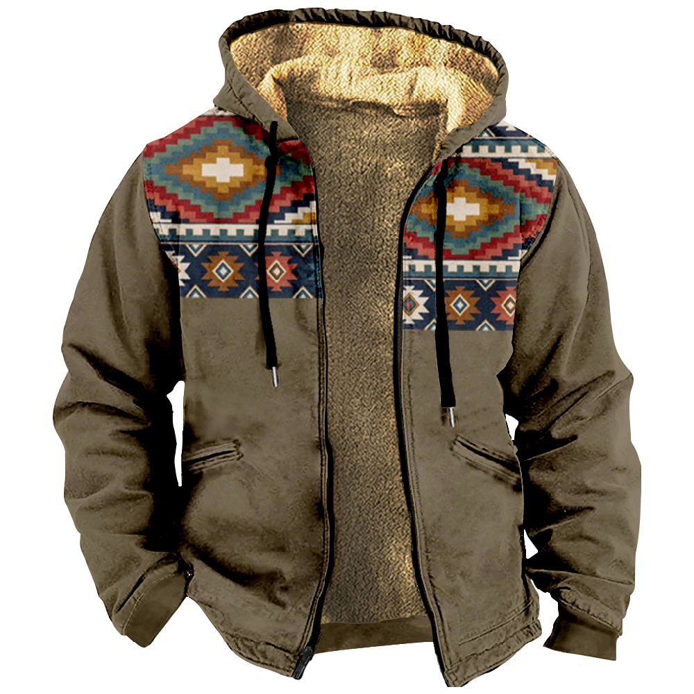 Men Retro Print Drawstring Hooded Zipper Cotton Jacket ZH36984A02