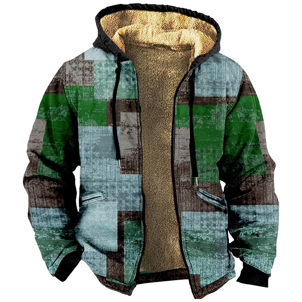 Men Retro Color Combination Print Drawstring Hooded Zipper Cotton Jacket ZH36897A03