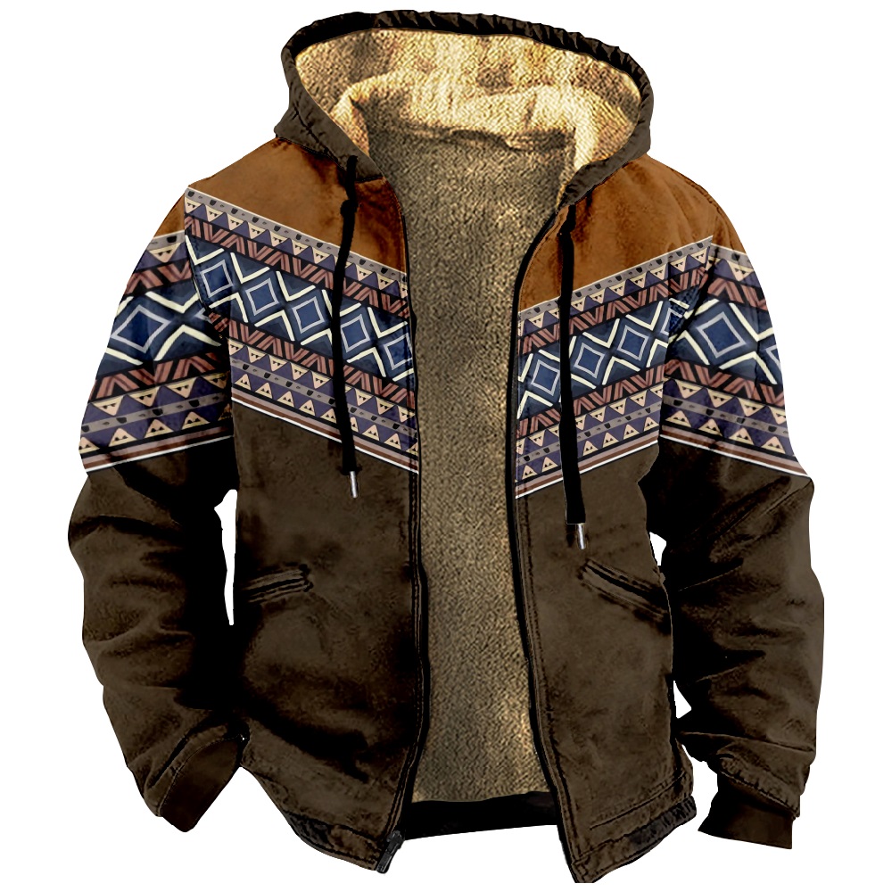Men Retro Print Drawstring Hooded Zipper Cotton Jacket ZH37149A01
