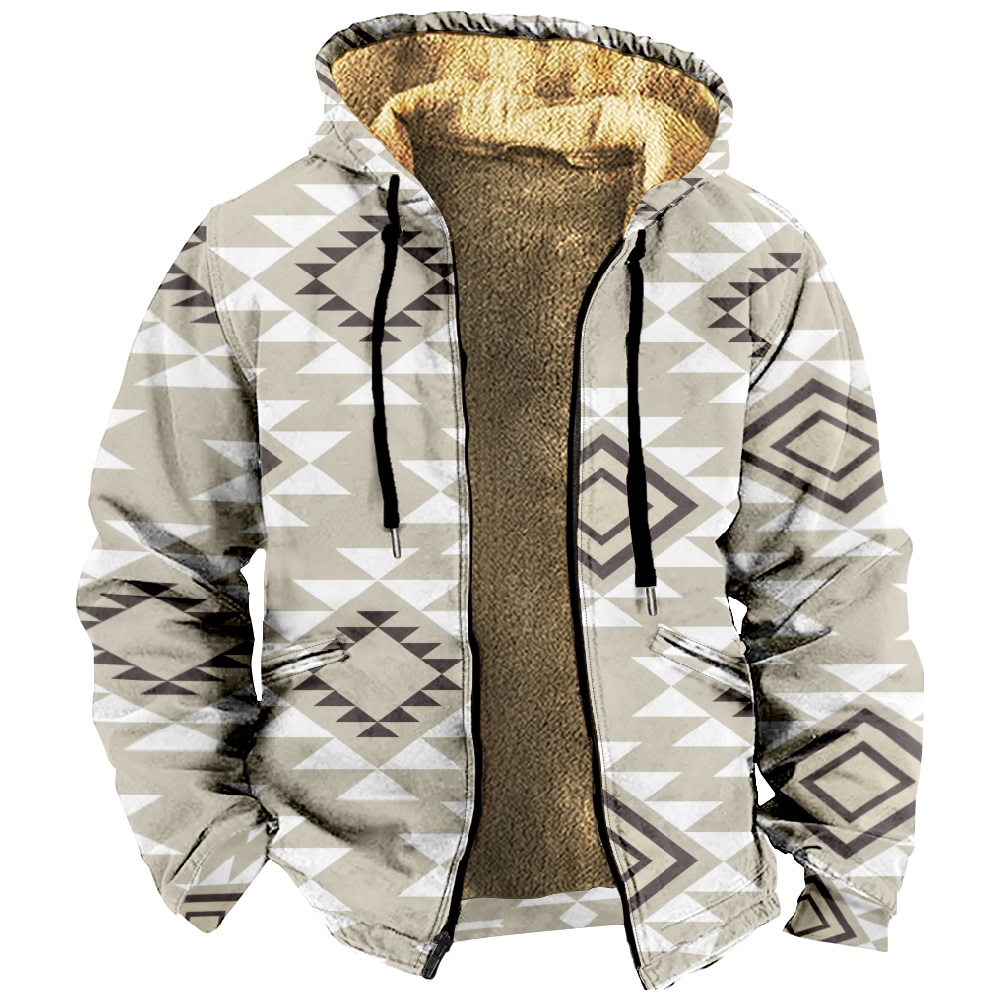 Men Retro Print Drawstring Hooded Zipper Cotton Jacket ZH37070A01