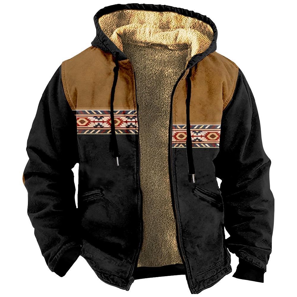 Men Retro Print Drawstring Hooded Zipper Cotton Jacket ZH37075A01